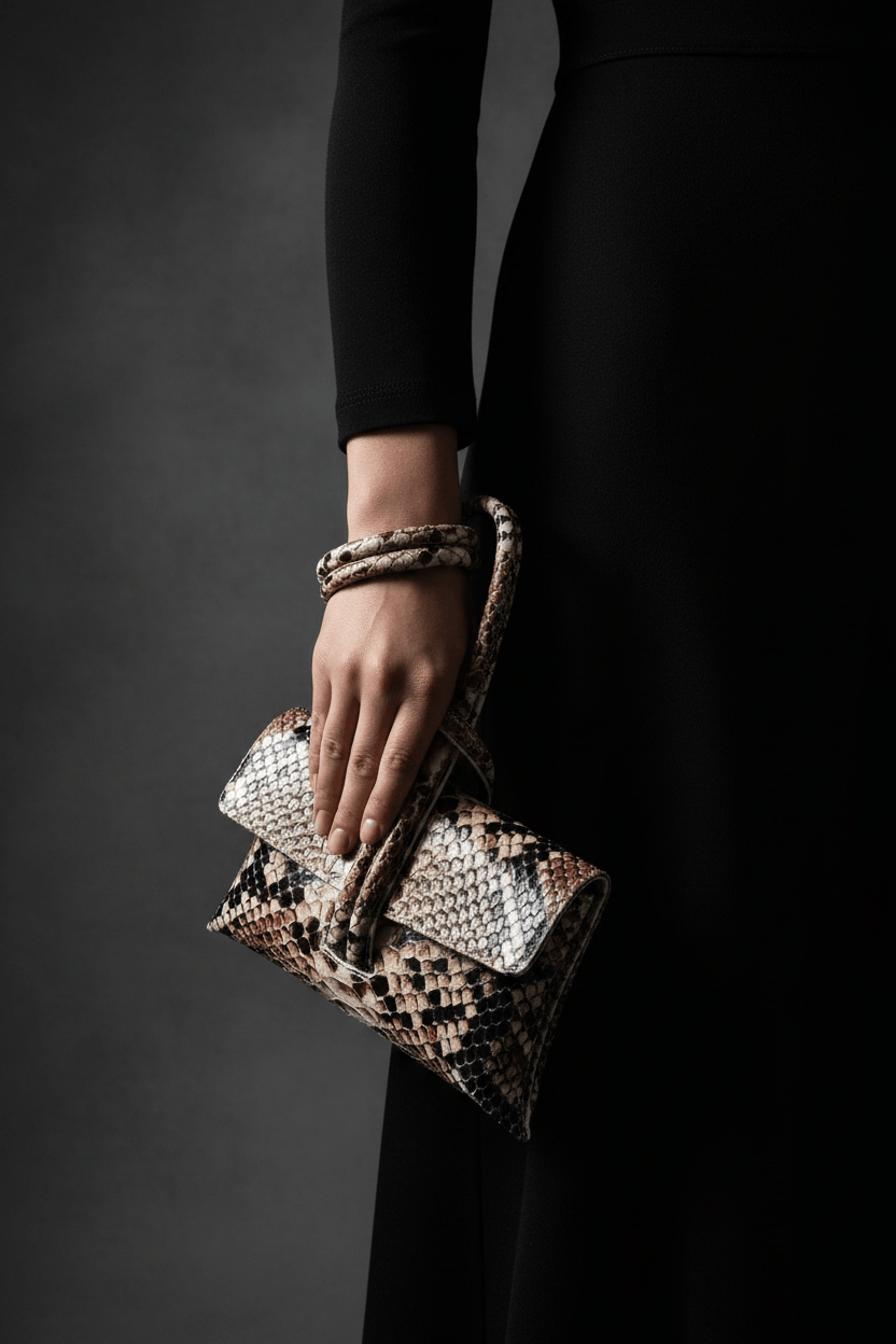 Clutch Michelle Snake – Hand hält Schlangenmuster Clutch an Handschlaufe, editorial Look | LiBEAU
