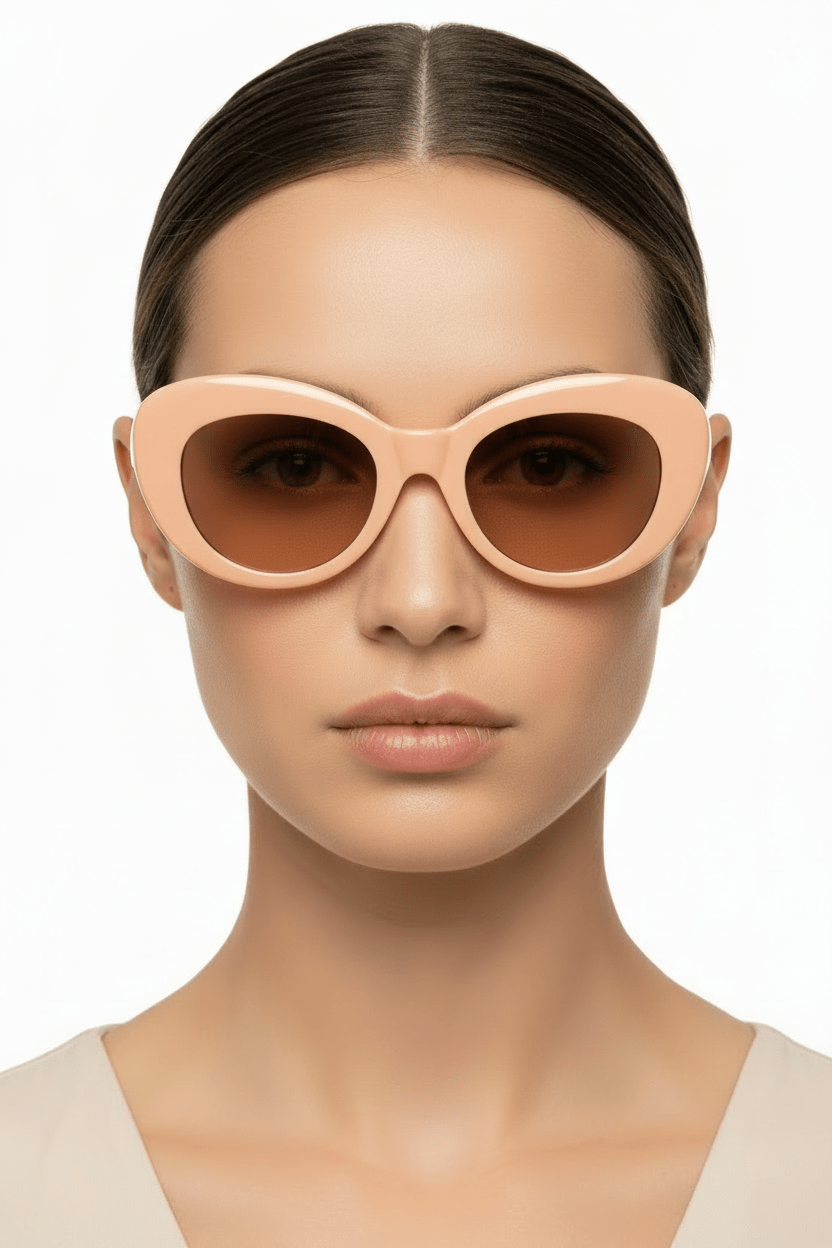 Model trägt Modebrille in Cremé, abgerundet