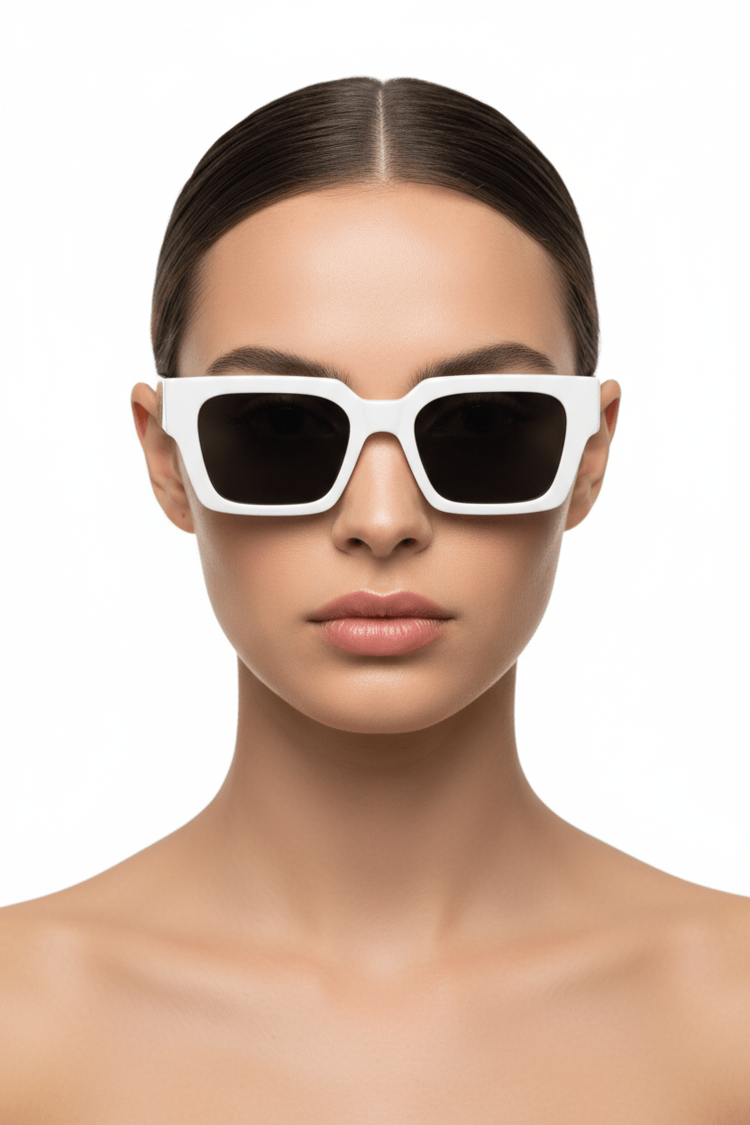 Model trägt Modebrille in weiß, classy