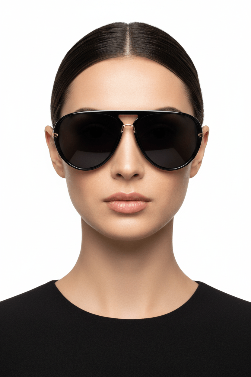Model trägt Modebrille Schwarz Aviator