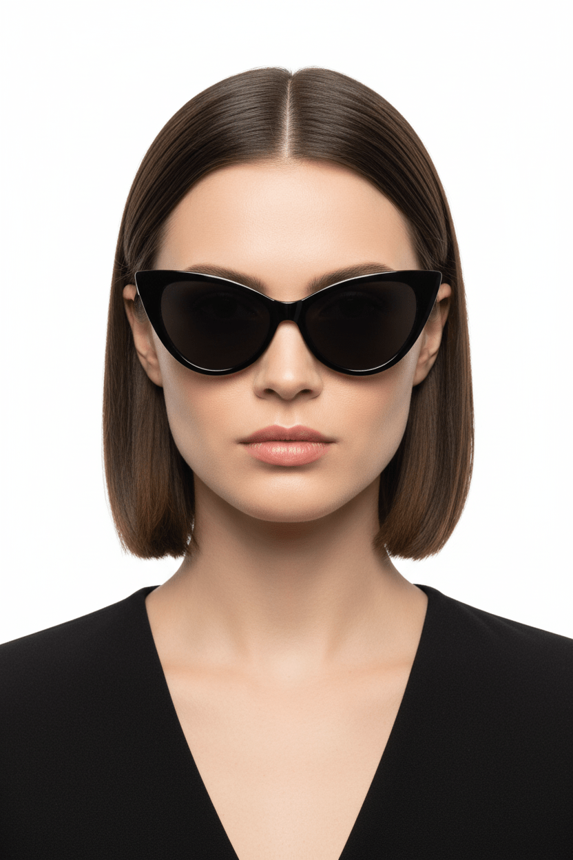 Model trägt Modebrille Cateye schwarz