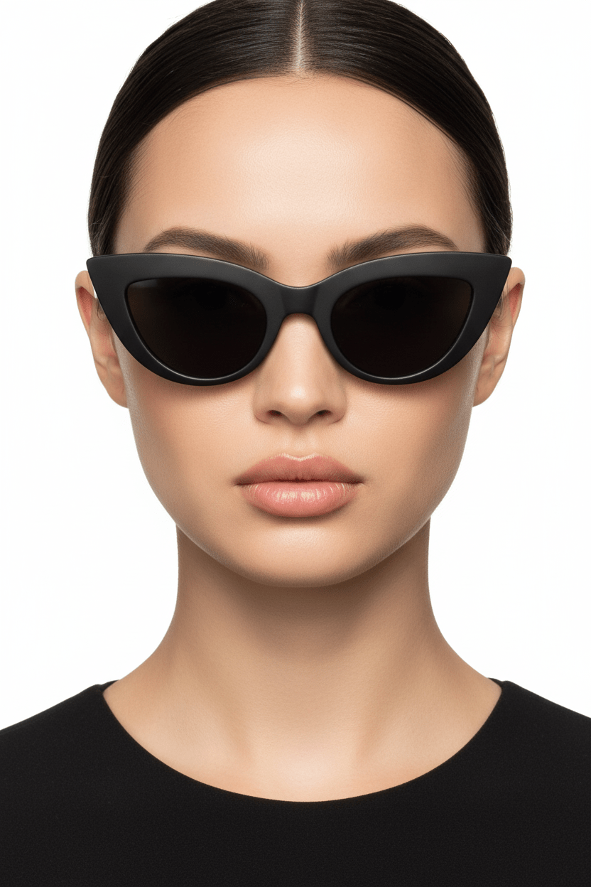 Model trägt Modebrille Cateye schwarz matt