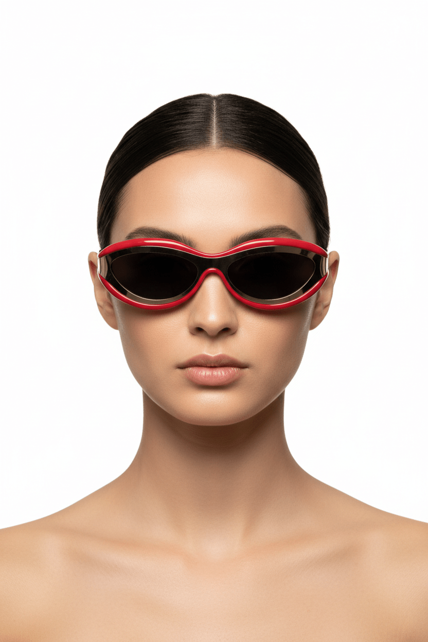Modebrille Red and Gold – Model trägt rote ovale Brille mit Goldakzenten | LiBEAU
