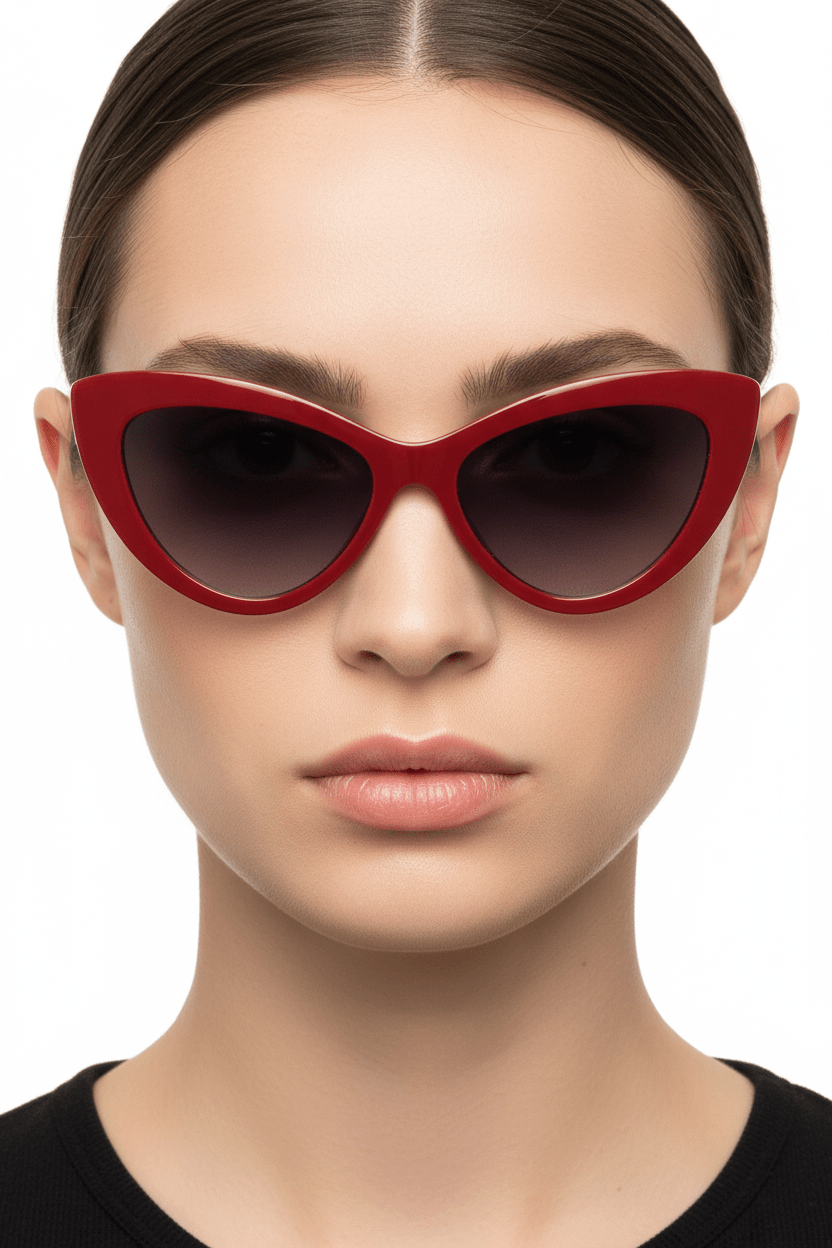 Model trägt Modebrille in rot, Vintage