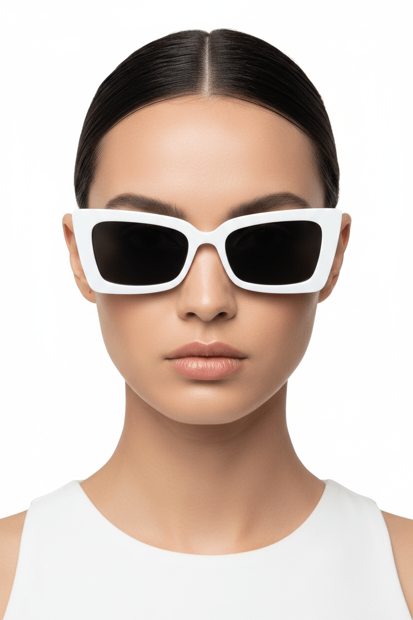 Model trägt Modebrille eckig/weiss
