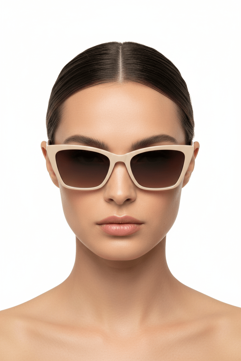 Model trägt Modebrille in klassisch Beige