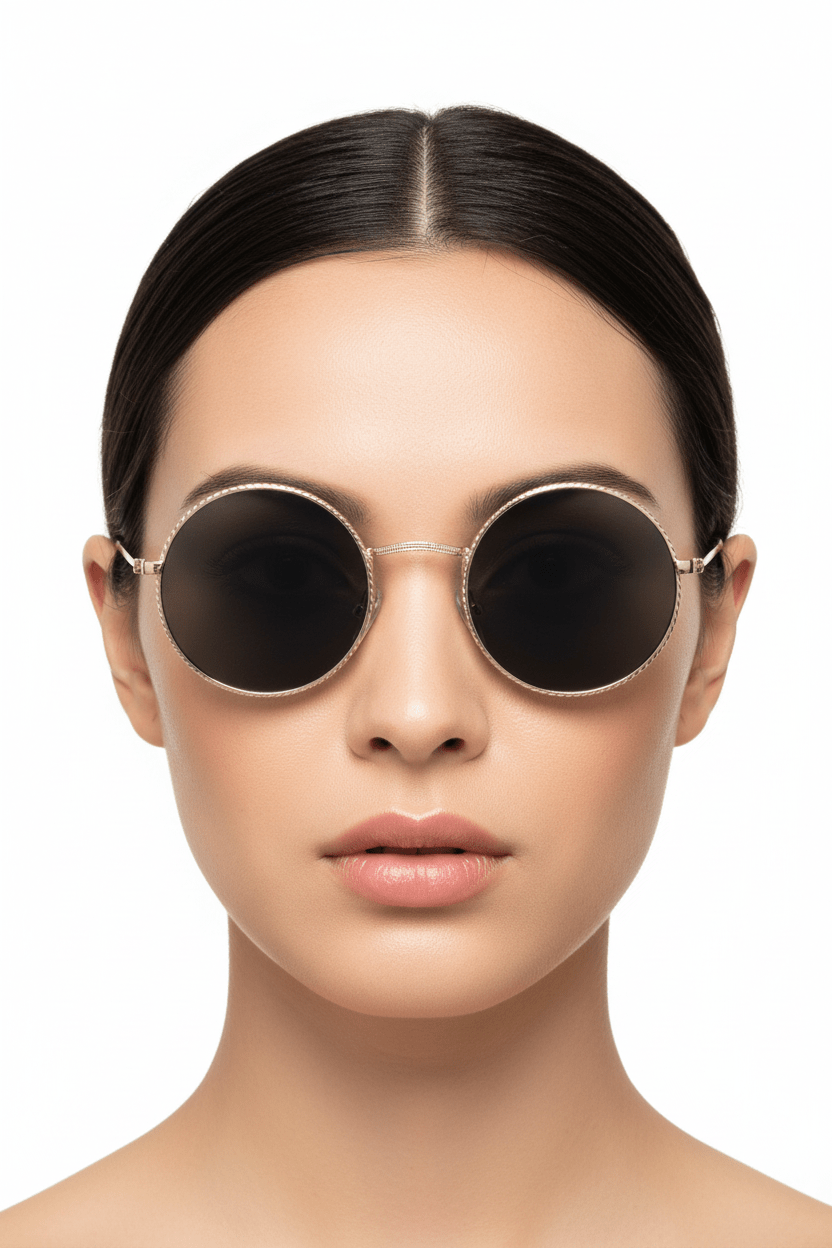 Model trägt Modebrille rund, geflochtene Rahmen