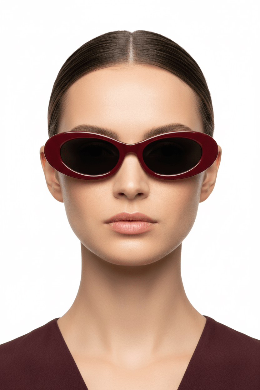 Model trägt Modebrille bordeaux oval