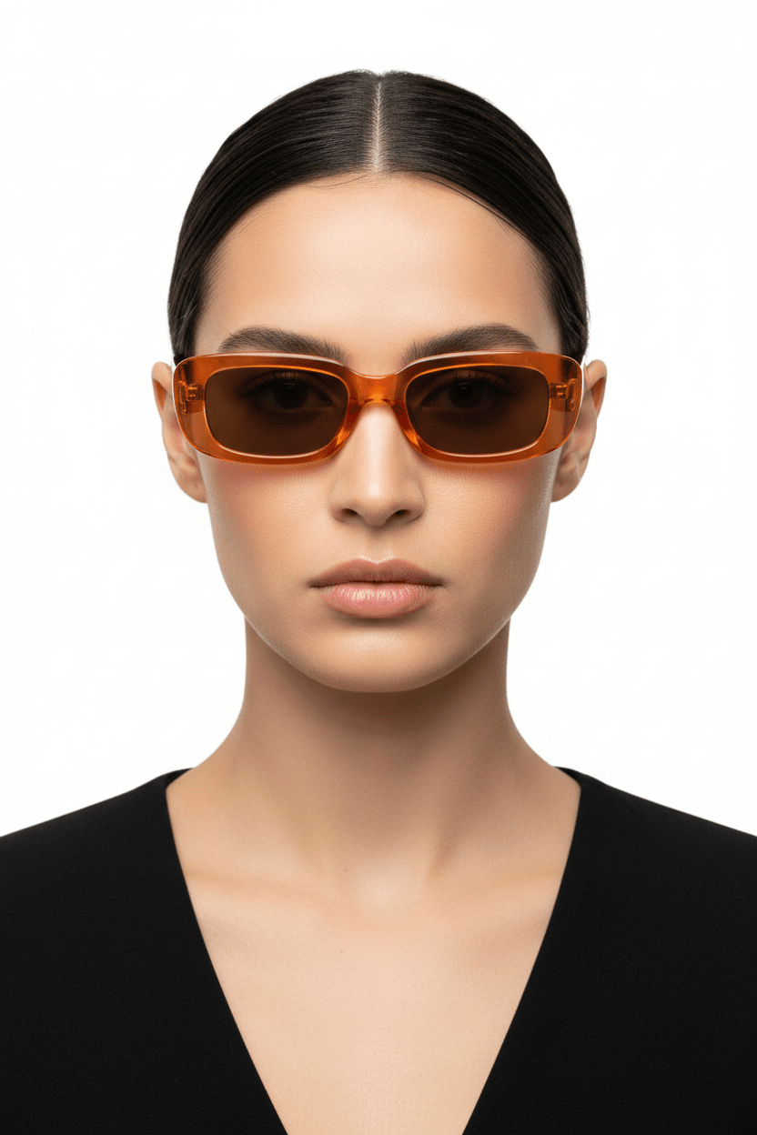 Model trägt Modebrille in orange, transparent