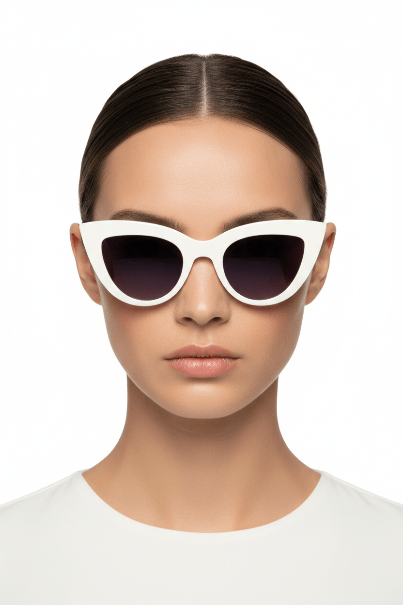 Model trägt Modebrille in Weiss, dunkle Gläser