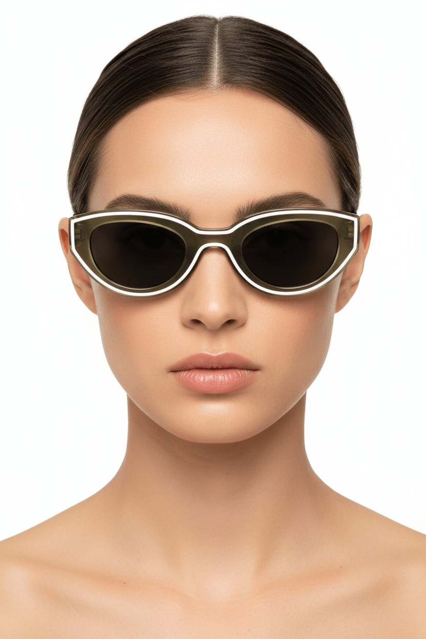Model trägt Modebrille Fancy khaki umrandet