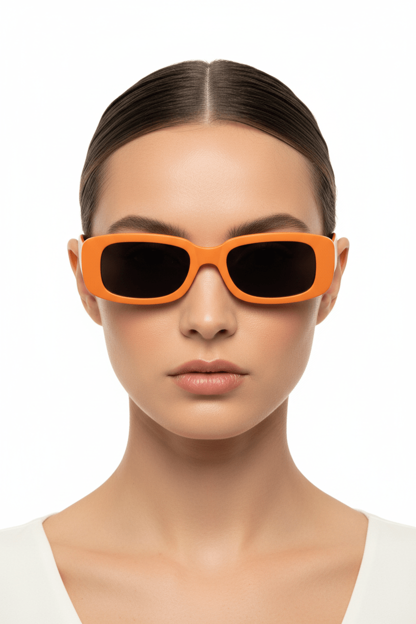 Model trägt Modebrille in orange, matt