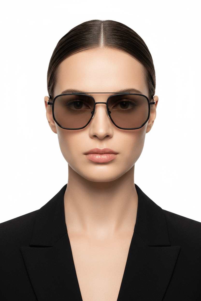 Model trägt Modebrille in schwarz, Pilot
