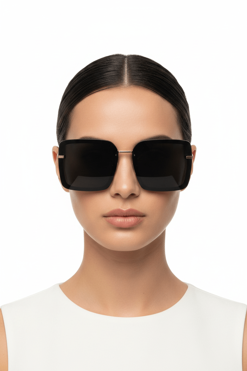 Model trägt Modebrille in schwarz, quadratische Form