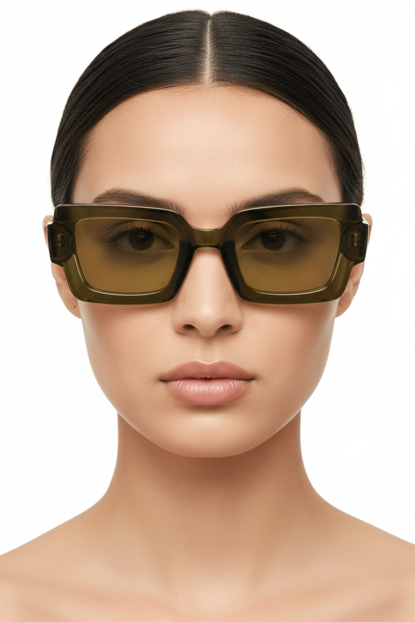 Model trägt Modebrille khaki grün eckig