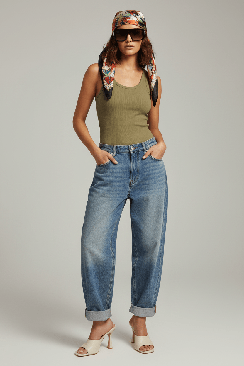 Ivory Mules – Elegantes Outfit mit Baggy Jeans, Khaki Tank, Seidenschal & Oversize Brille | LiBEAU
