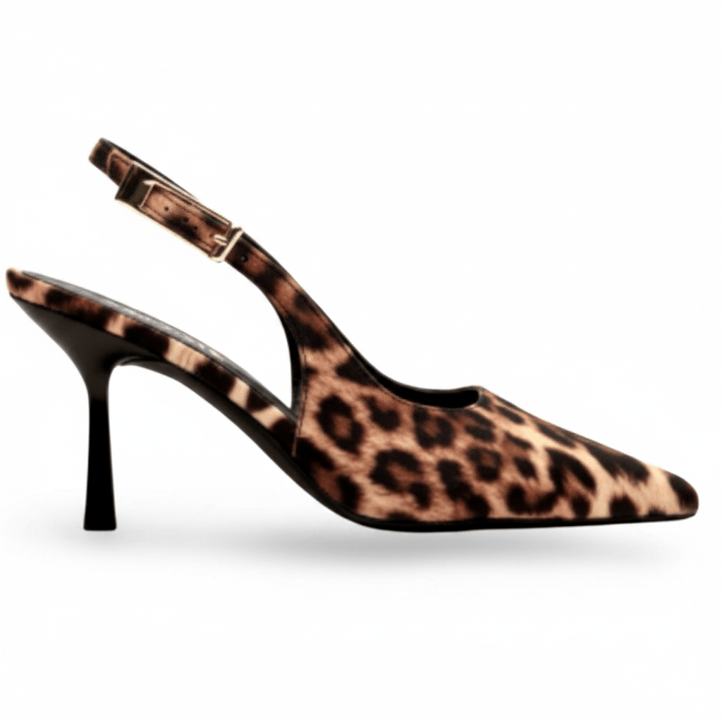 Leo Sling Backs – Slingpumps Leo-Print mit Goldschnalle, Seitenansicht | LiBEAU
