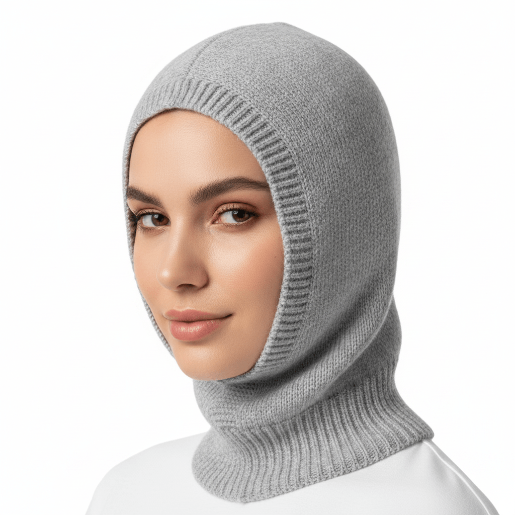 Loop Schal & Mütze – Strick Balaclava in Hellgrau, weiches Merino Cashmere Mix, One Size | LiBEAU
