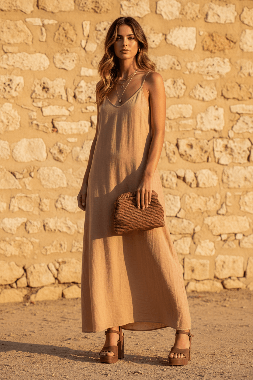 Mocca Plateau-Sandalen – Boho Look mit sandbeigem Maxikleid & brauner Raffia-Clutch | LiBEAU
