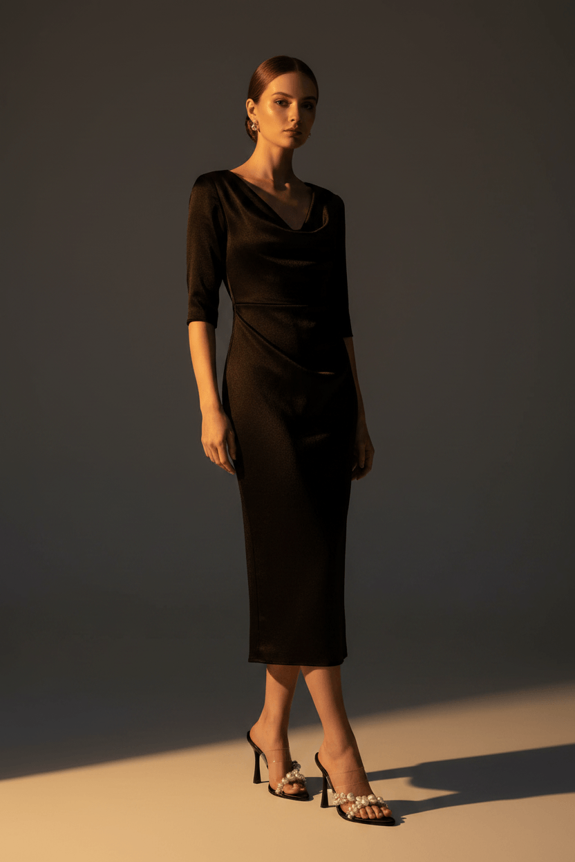 Naya Mules – Model trägt schwarze Perlen-Mules, Ganzkörper festlicher Look | LiBEAU

