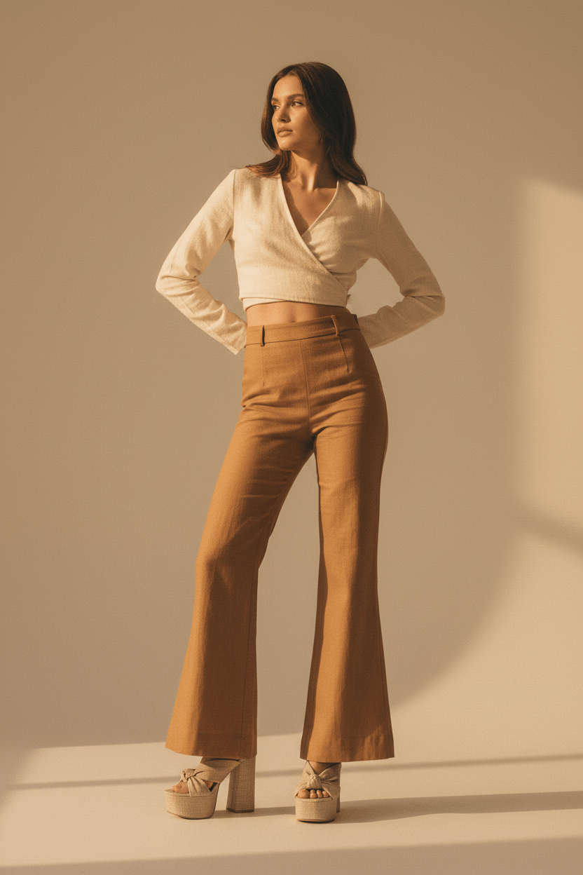 Noel – Beige Plateau-Sandaletten mit Knotendetail, getragen mit Flare-Hose im 70s-Stil | LiBEAU
