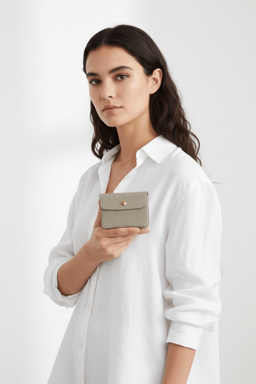 Purse Patty Taupe – Model hält kleines Leder Portemonnaie in Taupe, minimalistischer Look | LiBEAU
