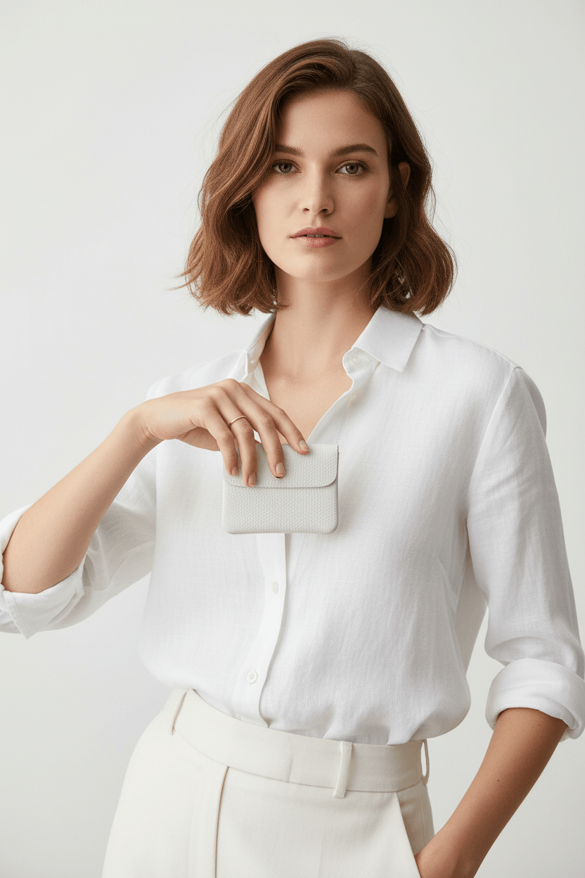 Purse Patty Bianco – Model hält kleines weißes Leder Portemonnaie, minimalistischer Look | LiBEAU
