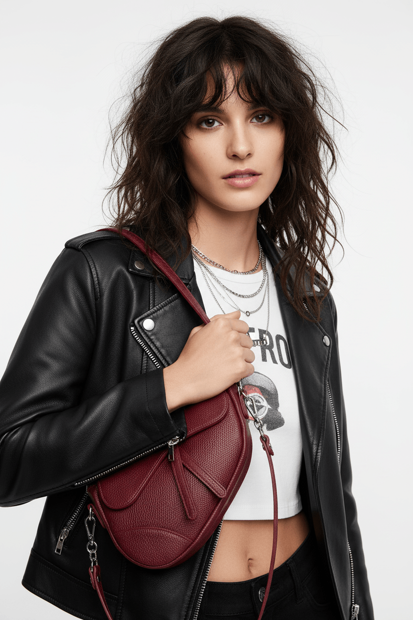 Saddle Bag Janet – Leder-Satteltasche Bordeaux, Street Style Outfit | LiBEAU
