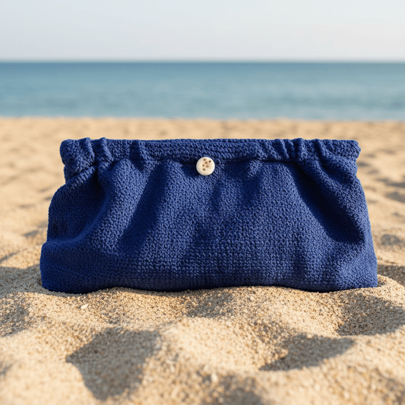 Swim Clutch Crinkle Blueberry – Blaue Crinkle Clutch auf weißem Marmor, Lifestyle-Ansicht am Strand | LiBEAU
