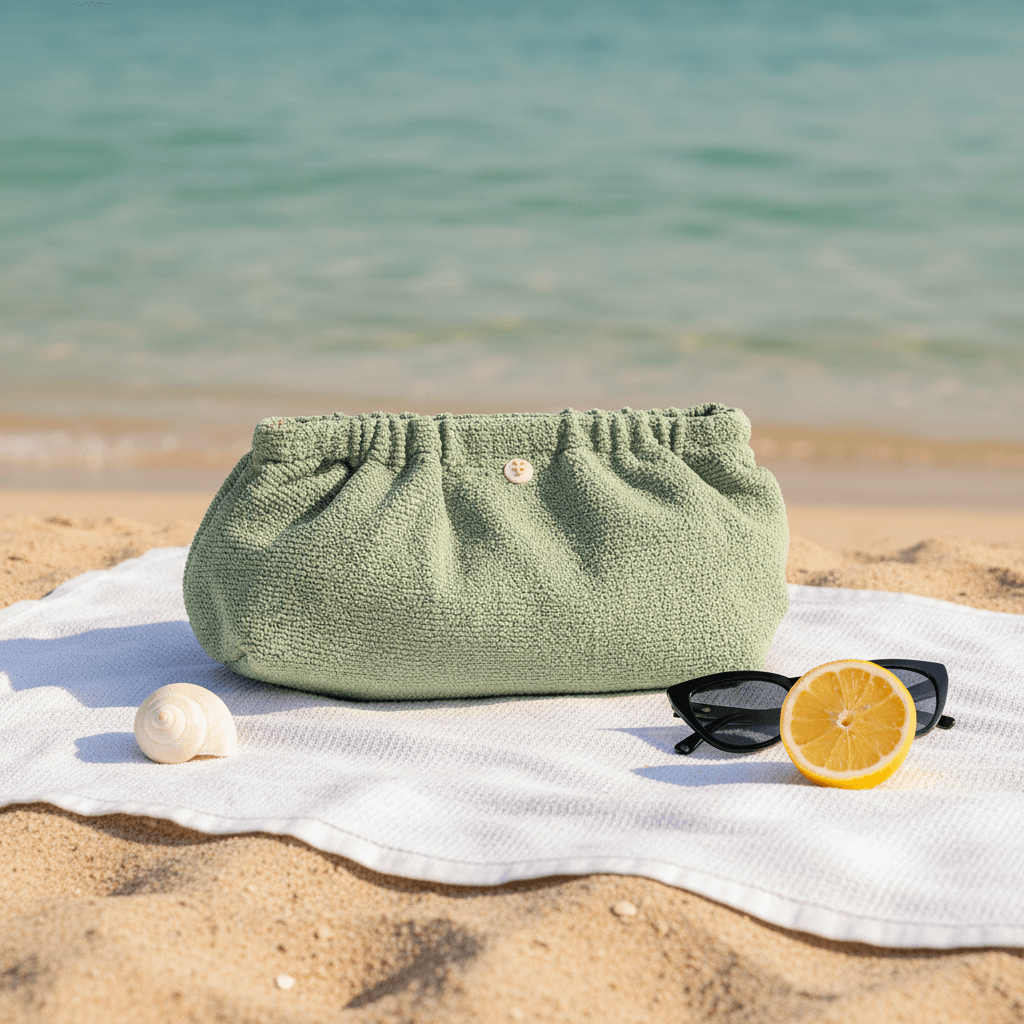 Swim Clutch Crinkle Mint – Mintgrüne Crinkle Clutch am Strand mit Sonnenbrille, Lifestyle-Ansicht | LiBEAU
