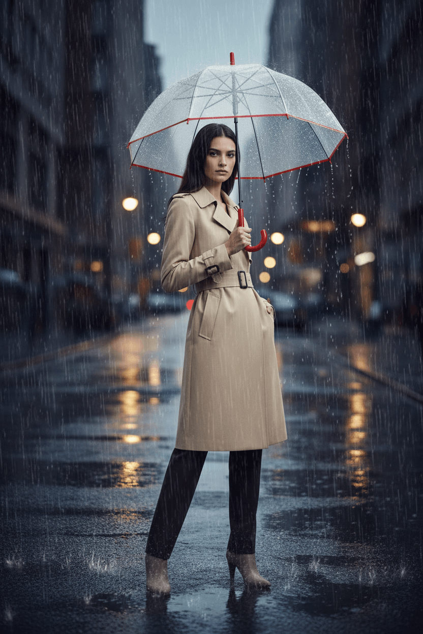 Umbrella PureView – Model mit transparentem Regenschirm Rot im Regen, Trenchcoat | LiBEAU

