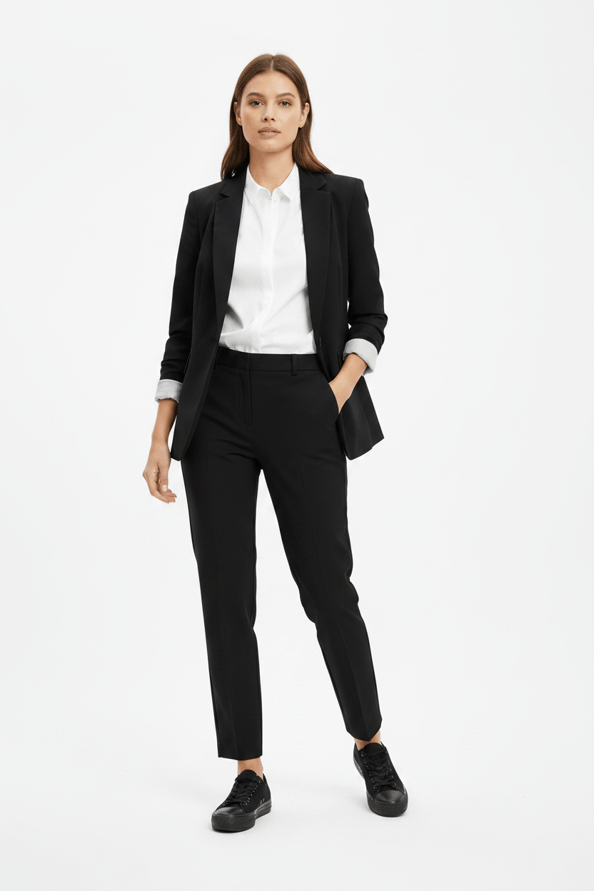 Verse Sneaker – Schwarze Canvas-Sneaker, Business-Look mit Blazer & hochgekrempelter Bluse | LiBEAU
